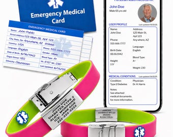 May include: An emergency medical card and two medical alert bracelets are displayed. The bracelets are pink and green with a silver clasp and engraved information. A smartphone screen shows personal health records. A blue emergency medical card is also present.