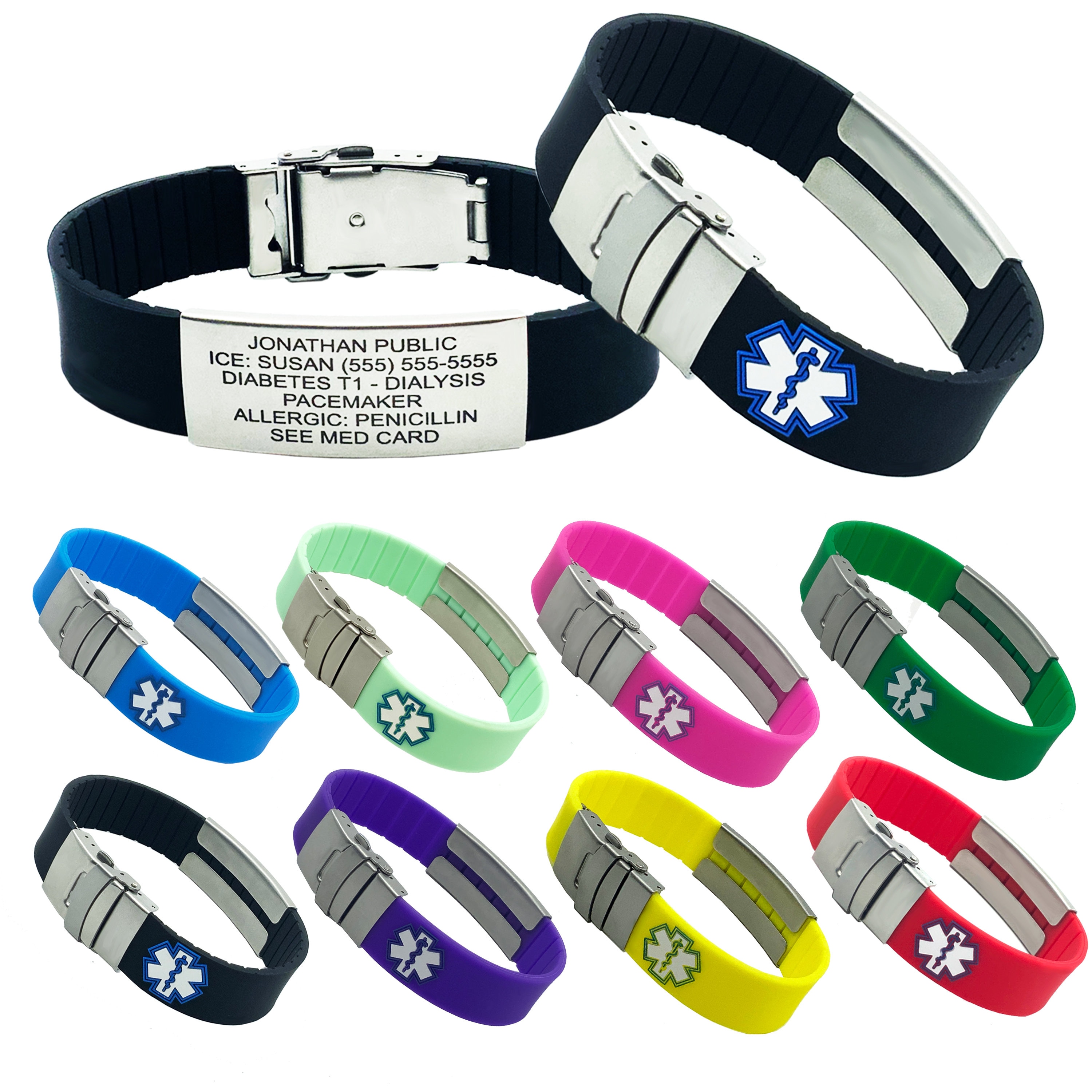 Pulsera de alerta médica para hombres y mujeres, tarjeta médica de  emergencia, grabado personalizado de dos caras, pulsera de identificación