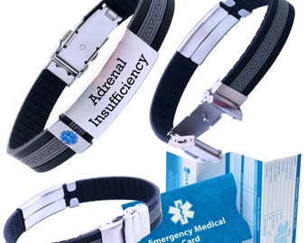 Bracelet d'alerte médicale pour insuffisance surrénale - carte d'identité en silicone, carte d'urgence