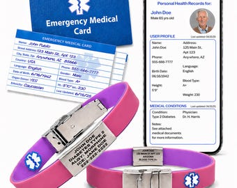 May include: A collection of medical alert items, including a pink and purple medical ID bracelet, an emergency medical card, and a smartphone displaying health records. The bracelet has a metal clasp and the emergency medical card has the text "Emergency Medical Card".