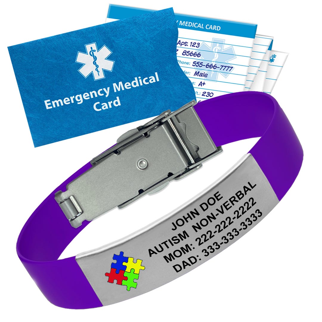 Allermates Asperger's Alert Medical ID Silicone Bracelet – Yellow – Puzzle Pattern