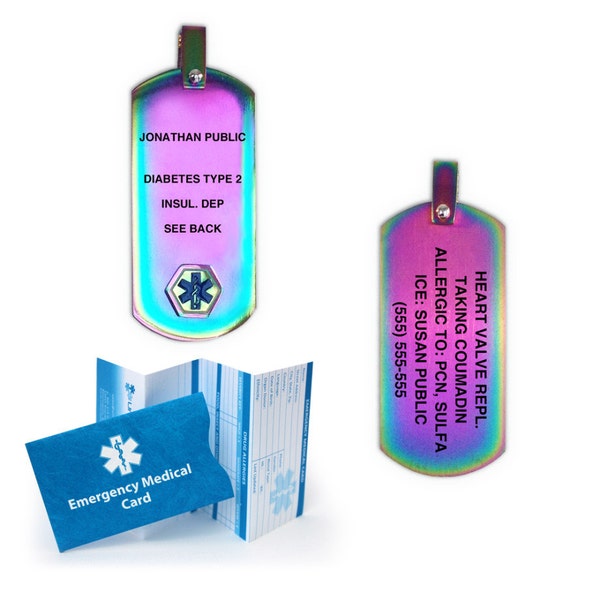 Anodized Titanium Medical Alert Dog Tag Pendant – Rainbow Color. Incl. Custom Engraving and Chain