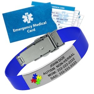 Pulseira de alerta médico de autismo personalizada com cartão de emergência e registro de saúde pessoal – ID ajustável para crianças e adultos