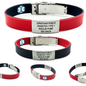 Medical Alert ID Bracelet - Red/Black Reversible Waterproof Silicone ID Wristband, Laser Engraving, Medical ID Wallet Card included.