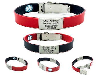 May include: Red and black medical alert bracelet with a stainless steel buckle and a silver tag that reads "JONATHAN PUBLIC DIABETES TYPE 1 INSULIN PUMP SEE BACK".