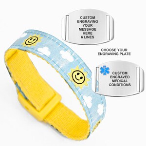 Sunny Sky Pattern Poly/Nylon Emergency or Medical Alert Wrist Band. Sizes to Fit Children and Adults. Includes Custom Engraving!