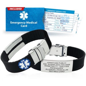 Adjustable Medical Alert ID Silicone Bracelet, Personalized ICE Allergy Awareness Identification Wristband Customized Al