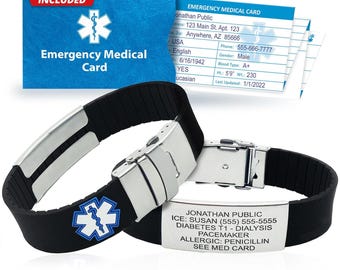 Black Sport Medical Alert Bracelet for Men & Women – Adjustable Silicone, Waterproof, Custom Engraving (Up to 6 Lines), Fits 5.75&quot; to 9.5&quot;
