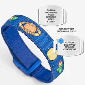 Space Mission Poly/Nylon Emergency or Medical Alert Wrist Band. Sizes to Fit Children and Adults. Includes Custom Engraving!