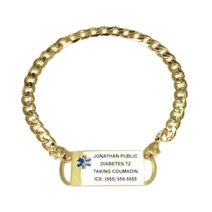 Medical Alert  Bracelet Ladies Gold Plated Curb Link Stainless Steel and 1 5/8&quot; x 5/8&quot; Engraving Plate. Includes Custom Engraving!