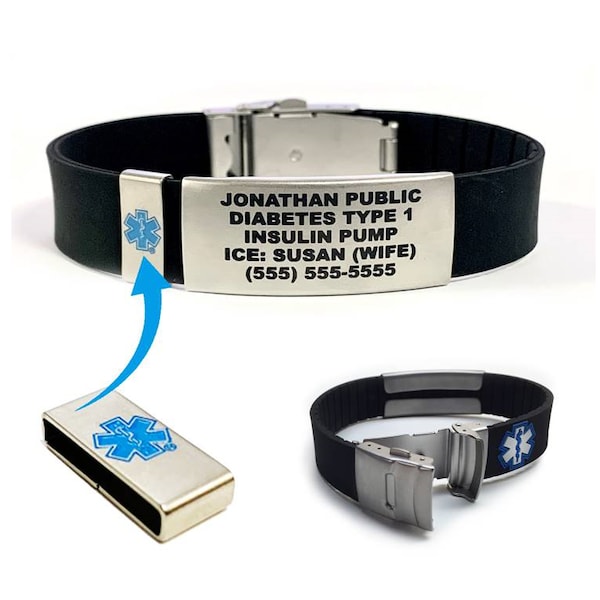 Bracelet d’identification médicale avec badge d’identification médicale en option - hypoallergénique, imperméable à l’eau, gravure laser gratuite, huit couleurs, livraison standard gratuite