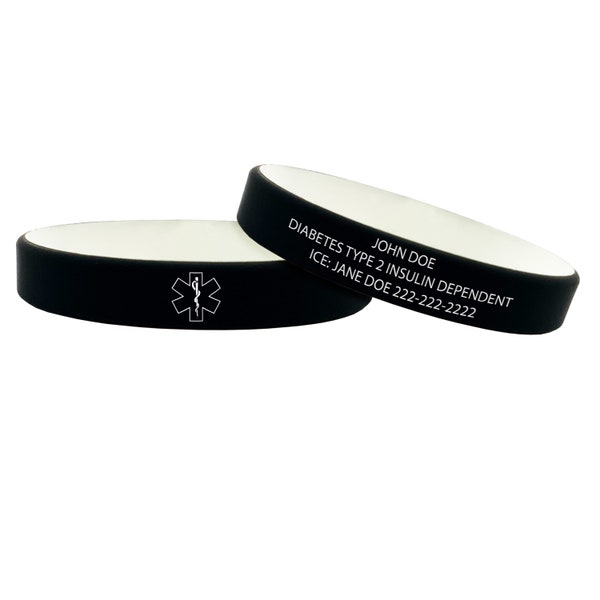 Black Silicone Medical Alert Bracelet with Medical Star -  Small 6 6/, Medium 7 3/8 and Large 8 3/8.  Includes Medical Wallet Card