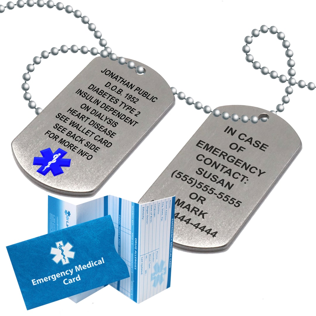 Medical ID Dog Tag Stainless Steel Medical Alert Necklace 18 Lines of Customized Laser Engraving