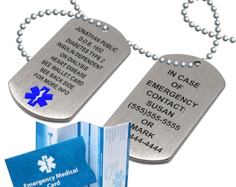 Medical ID Dog Tag Stainless Steel Medical Alert Necklace 18 Lines of Customized Laser Engraving with 27" Ball Chain Free Standard Shipping