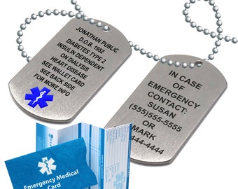 Medical ID Dog Tag Stainless Steel Medical Alert Necklace 18 Lines of Customized Laser Engraving with 27" Ball Chain Free Standard Shipping