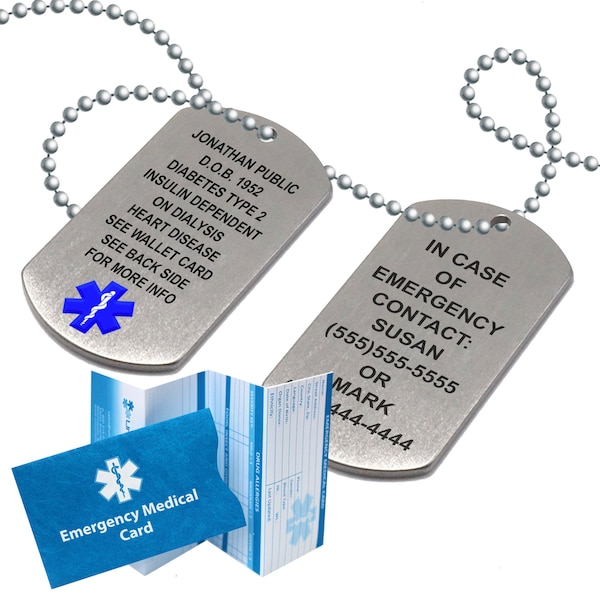 Medical ID Dog Tag Stainless Steel Medical Alert Necklace 18 Lines of Customized Laser Engraving with 27" Ball Chain Free Standard Shipping