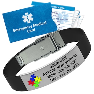Pulseira de alerta médico para autismo com cartão de emergência e registro de saúde pessoal – ID personalizável, pulseira ajustável para crianças e adultos