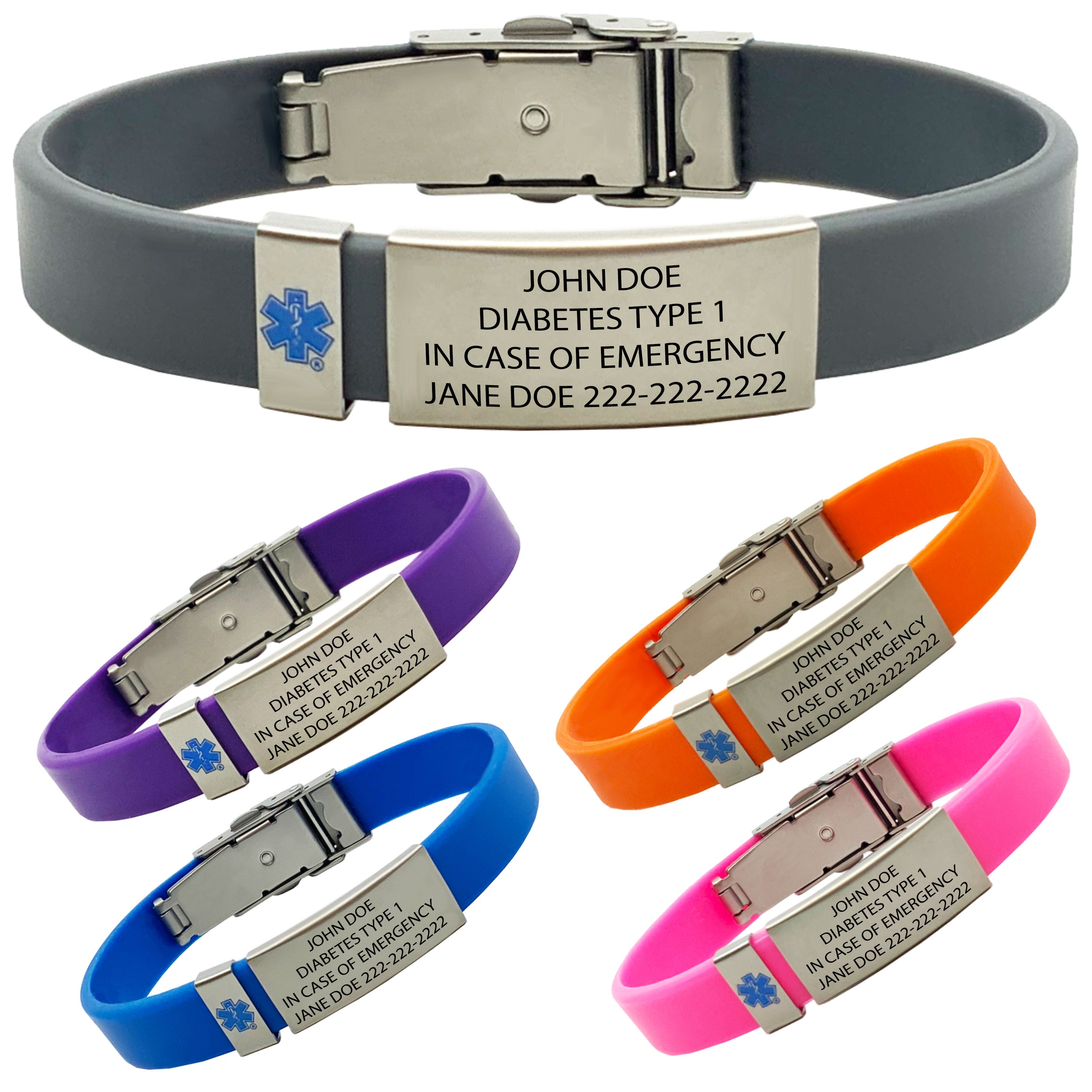 DIABETIC Medical Alert ID Bracelet -USA made, FREE ID Wallet Card,Engraving