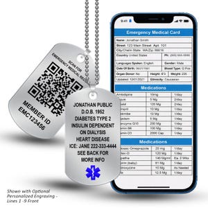 May include: A silver medical ID tag with a QR code and the text "EMERGENCY MEDICAL RECORD." A second tag displays personal medical information, including name, medical conditions, and emergency contact. A smartphone displays a digital medical card.