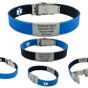 Medical Alert ID Bracelet - Black/Blue Reversible Waterproof Silicone ID Wristband, Laser Engraving, Medical ID Wallet Card included.