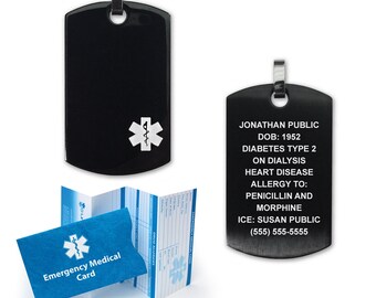 Medical Alert ID Dog Tag PVD Coated Steel with 27&quot; Stainless Chain (incl. 10 Lines of Engraving)