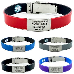 Medizinische Armbänder für Frauen - Reversible Sport Slim: Wasserdichte Silikon ID Armbänder, Lasergravur, Medizinische ID Geldbörse Karte enthalten.