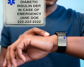 Medical Alert Id Tag for Watchbands - Engraved Apple Watch ID Tags - Medical Alert Bracelet Tags 22mm Band Width - Includes Medical Card