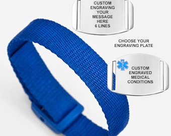 Blue Poly/Nylon Emergency or Medical Alert Wrist Band. Sizes to Fit Children and Adults. Includes Custom Engraving!