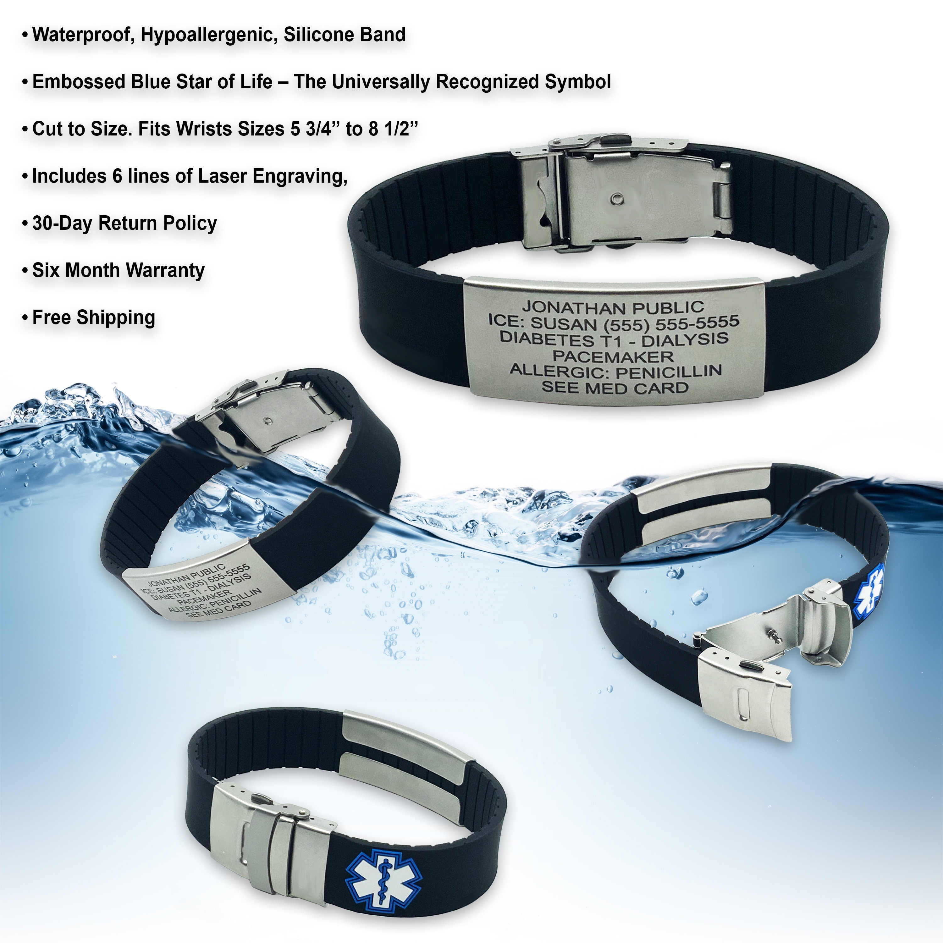 Adjustable Medical Alert ID Silicone Bracelet, Personalized ICE Allergy Awareness Identification Wristband Customized Al