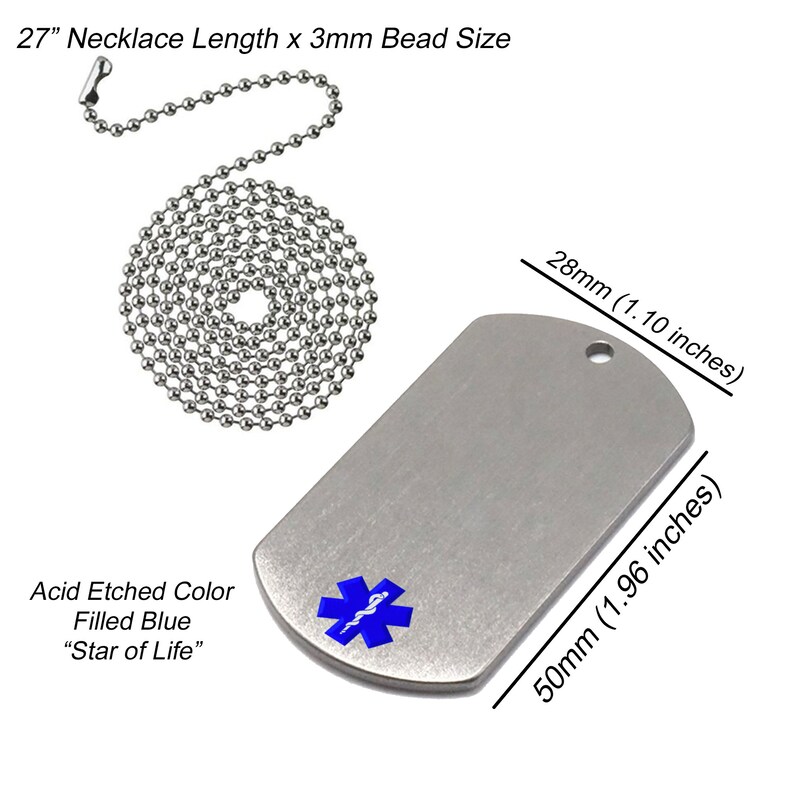 Custom Engraved Medical Alert Dog Tag Necklace - Stainless Steel - Etsy