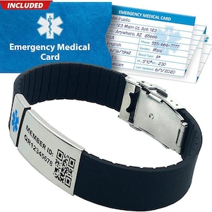 Pulseira de alerta médico com código QR e crachá médico – pulseira de silicone ajustável, cartão de emergência e acesso vitalício ao PHR – registro de saúde pessoal