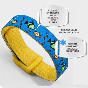 Fish Pattern Poly/Nylon Emergency or Medical Alert Wrist Band. Sizes to Fit Children and Adults. Includes Custom Engraving!