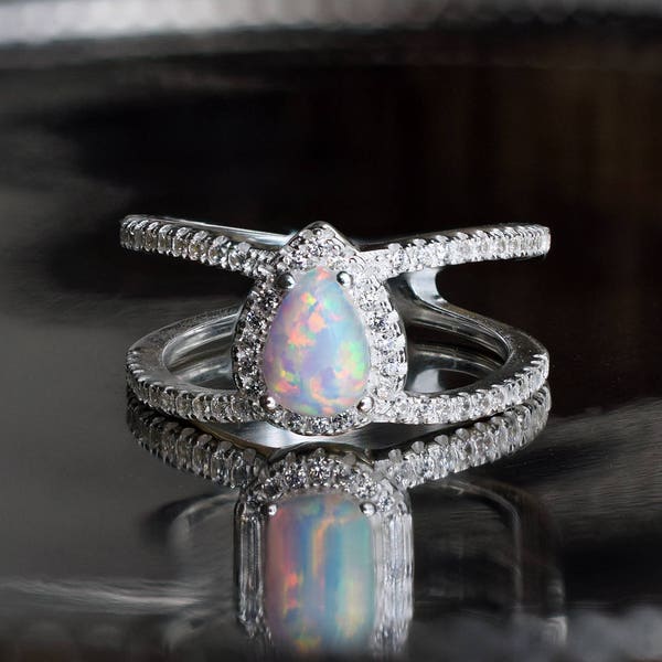 Teardrop Opal Halo Ring, Double Band, Synthethic Opal with Micro Pave CZ, October Birthstone Ring, Modern Elegant Style, Prong Set Opal