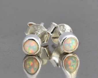 Tiny Sterling Silver Opal Stud Earrings, Round Bezel Set