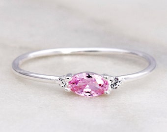 Silver Stacking Light Rose Pink Crystal Ring with Side Cubic Zirconia, Delicate Stackable Feminine Ring, Trendy Dainty Gemstone Stack Rings