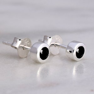 Tiny Black Stud Earrings, Round Silver Stud Earrings with Black Crystal, Everyday Black Gemstone Earrings, Small Round Black Silver Studs