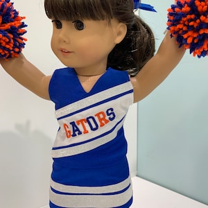 Gators Cheer for American girl or 18in dolls.  Embroidered with &quot; Gators&quot; and glitter elastic trim.  Pom poms included. #31