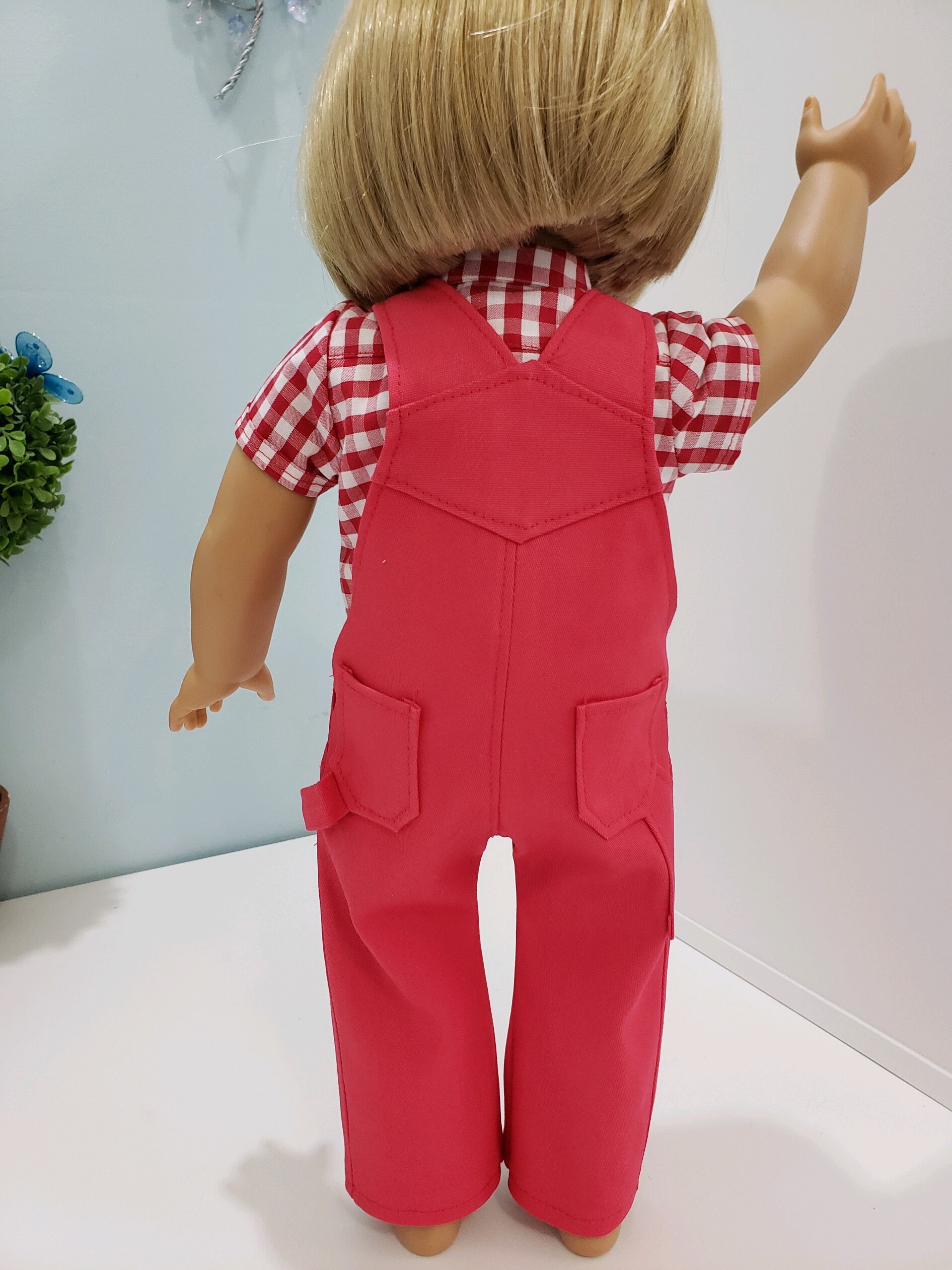 American Girl Red Overalls With Red Check Shirt. Authentic Buckles on