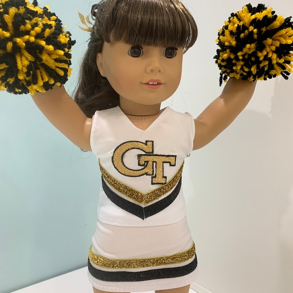 Ga Tech Cheer uniform for American girl doll.    GT embroidered with Gold and Black glitter trim. Velcro closures. Tennis shoes not included