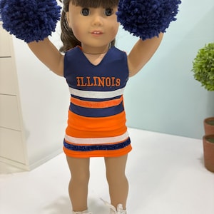 University of Illinois cheer outfit for your American girl or 18&quot; doll.  Pom poms are included.  #110