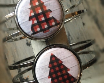 Christmas Bracelet, Holiday Bracelet, Christmas Jewelry, Holiday Jewelry, Plaid Bracelet, Christmas Tree Bracelet, Plaid Tree, Tartan, Gift
