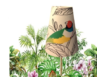 clip-on lampshade (18 cm high) with tropical plants. Superb Boussac cotton printed on the frame in 14 shades of green, ocher, red