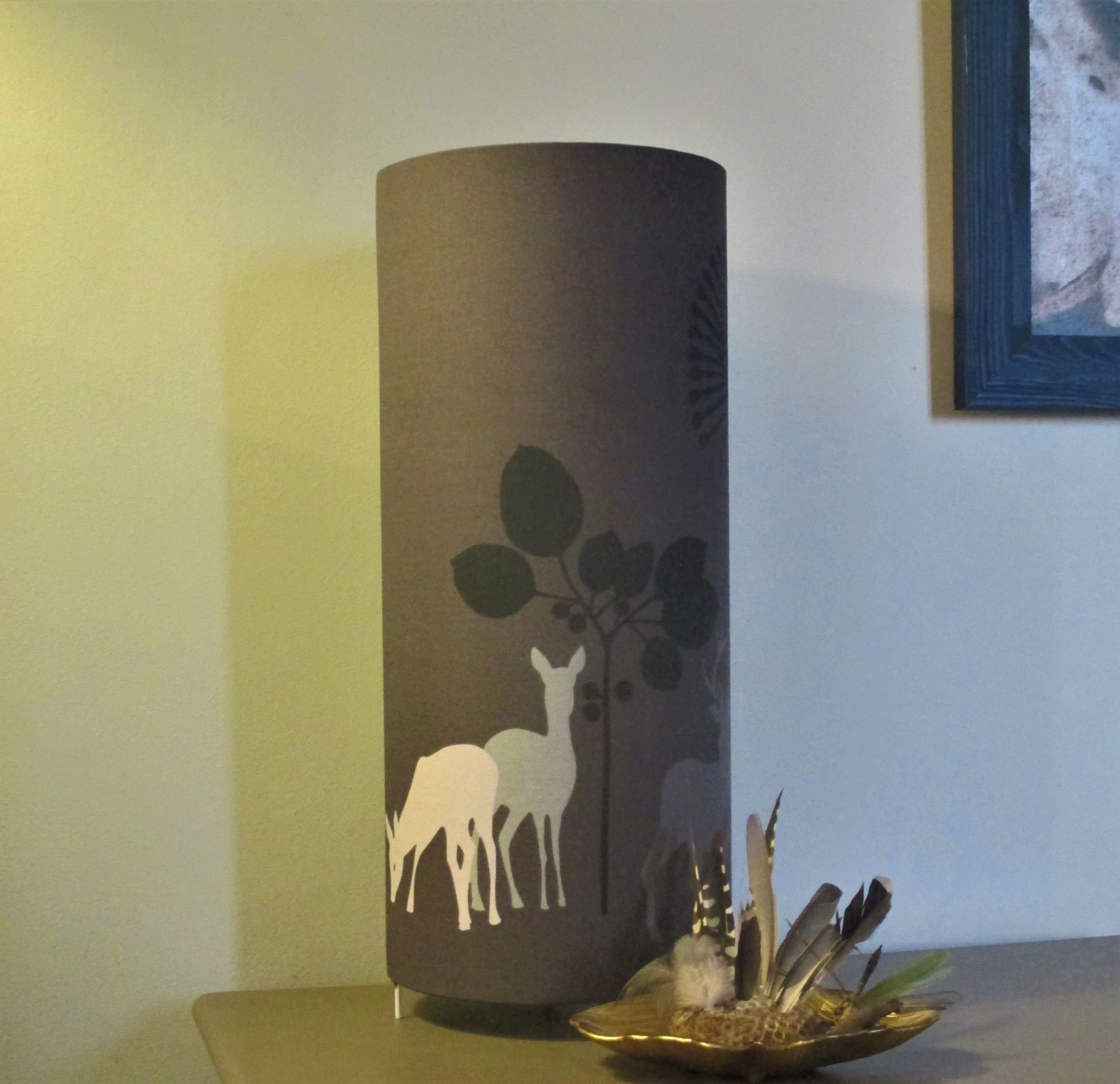 Lampe Coton Gris Aux Cerf, Biches et Faons. Luminaire Contemporain Design Nordique Ambiance Nature F