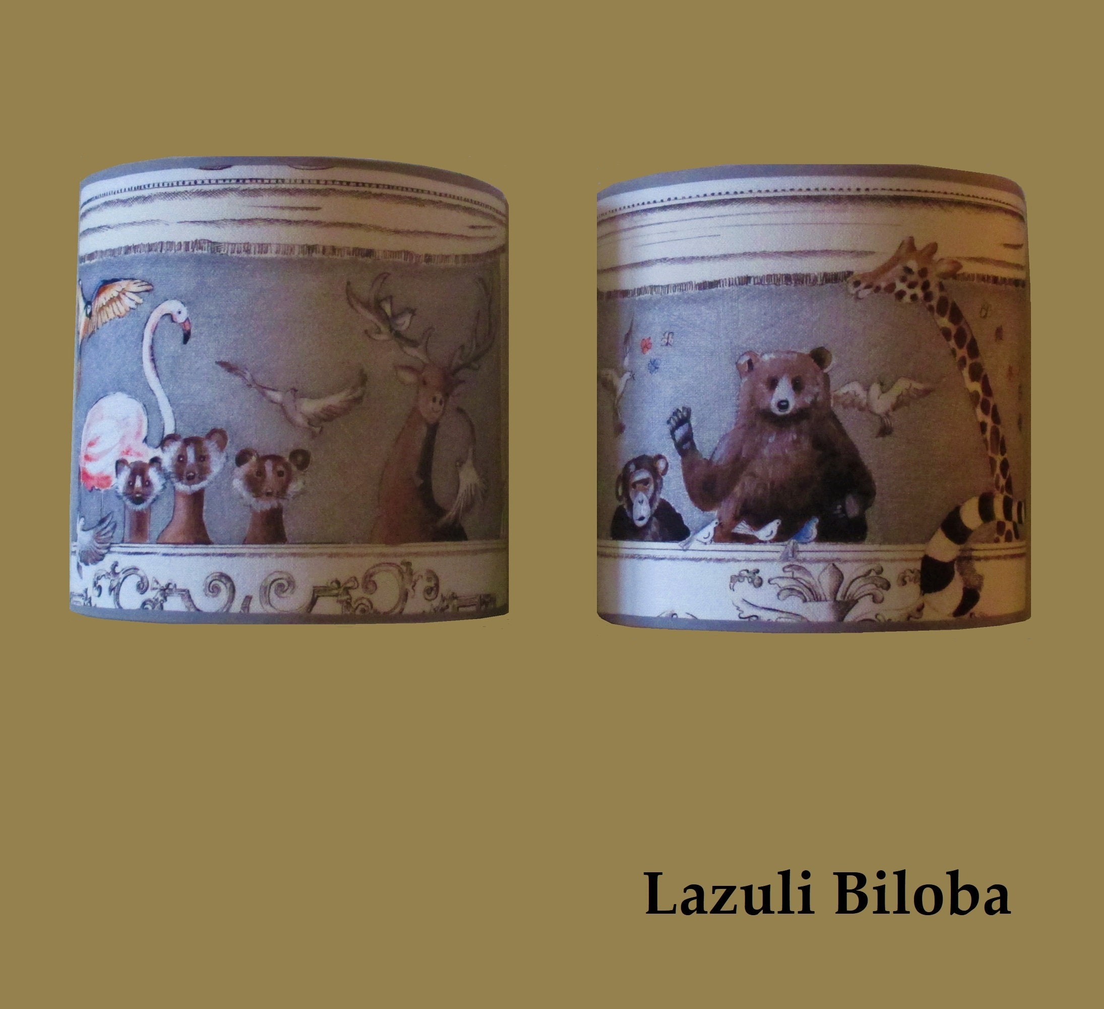 Lampshade beige and gray animal. Bear, giraffe, monkey, raccoon, marten, birds at the theater. Poetic light for children's room