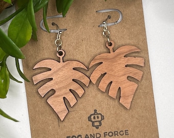 Monstera Earrings | Lightweight Wood Earrings | Unique Nature Inspired Jewelry | Boho Wood Earrings | Sterling Silver Wires | Gift for Her