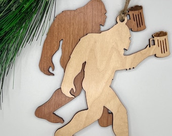 Beer Drinking Bigfoot Ornament or Gift Tag: Cherry or Maple Wood Sasquatch
