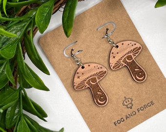 Cosmic Mushroom Earrings | Lightweight Wood Earrings | Unique Boho Inspired Jewelry | Hypoallergenic Wires | Gift for Her