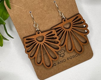 Half Flower Drop Earrings | Lightweight Wood Earrings | Unique Boho Inspired Jewelry | Hypoallergenic Wires | Gift for Her