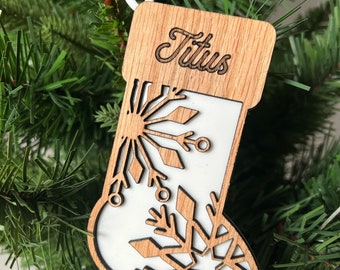 Stocking Christmas Ornament Personalized | Christmas Ornament with Name | Holiday Gift Tag | Snowflake Stocking Ornament | Keepsake Ornament