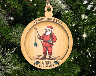 Fishing Christmas Ornament – Santa Fishing Wooden Ornament – Unique Fisherman Gift – Rustic Holiday Decor - Cabin Tree Decor